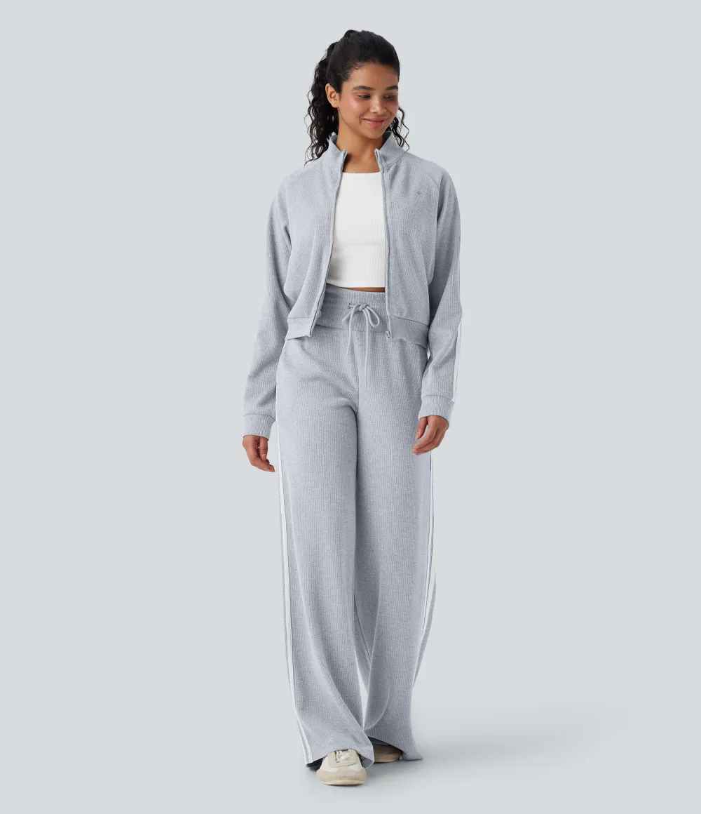 2026🔥  Ribbed SoCinched High Waisted Tummy Control Drawstring Wide Leg Color Block Casual Trousers with Pockets