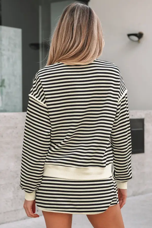 Women's Textured Drop Shoulder Pullover Top Drawstring Mini Skort Two Piece Dress Set