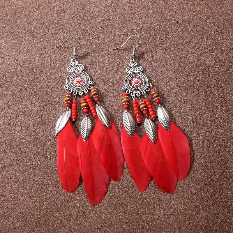 Statement Feather Beaded Tassel Drop Earrings