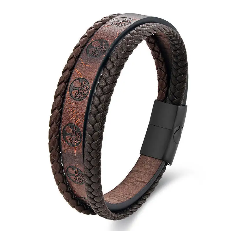 Braided Leather Titanium Steel Tree Connection Wrap Bracelet