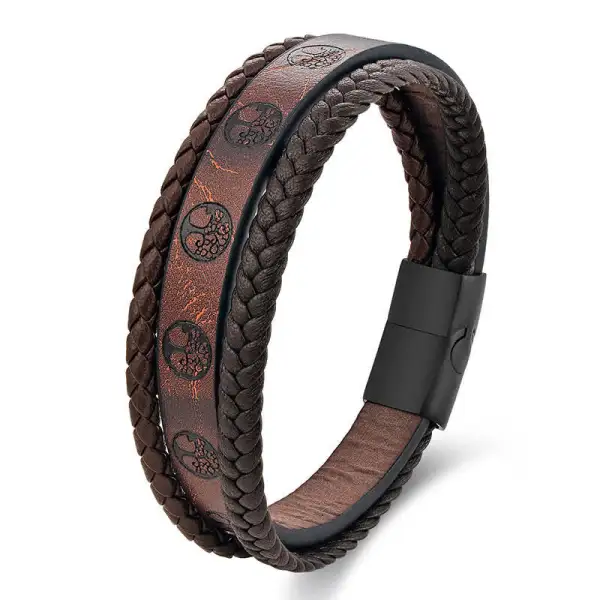 Braided Leather Titanium Steel Tree Connection Wrap Bracelet
