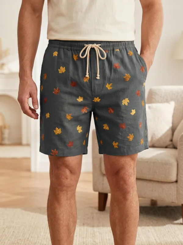 Tan Maple Leaf Print Drawstring Autumnal Shorts