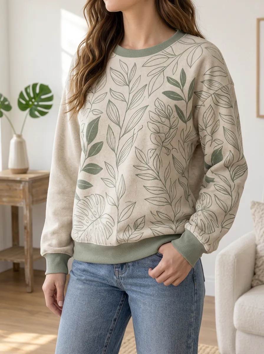Women's Botanical Print Crewneck Sweatshirt Botanical