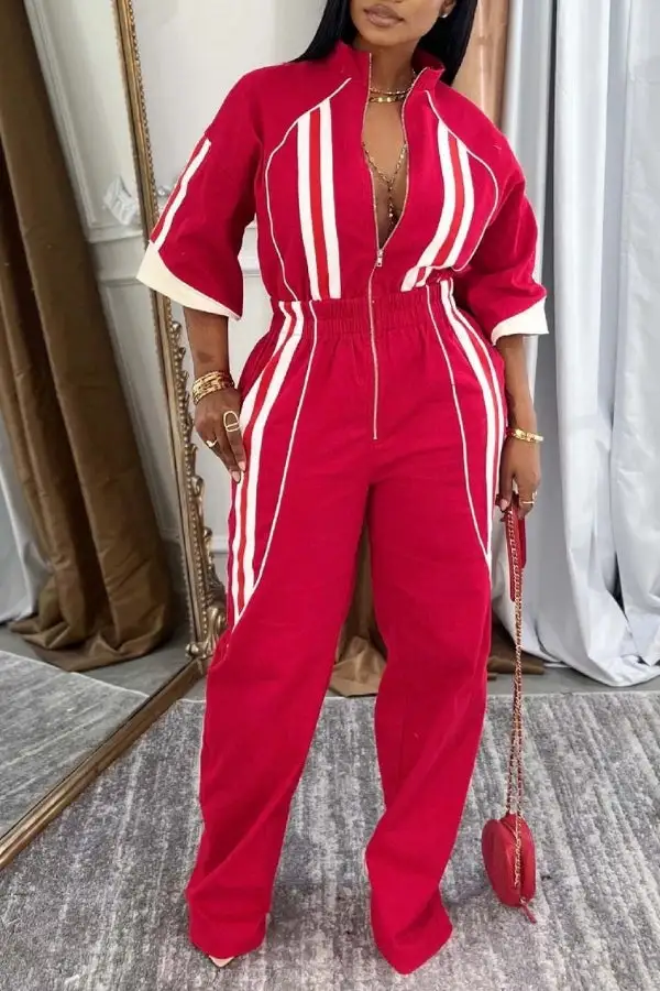 Zip-Front Stand Collar Drop-Shoulder Sleeve Jumpsuit