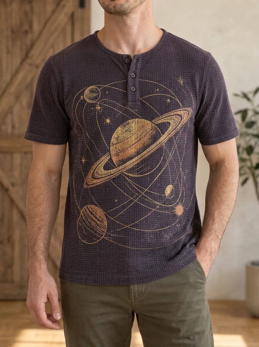 Men's Modern Astronomy Lover Saturn Solar System Henley T-Shirt