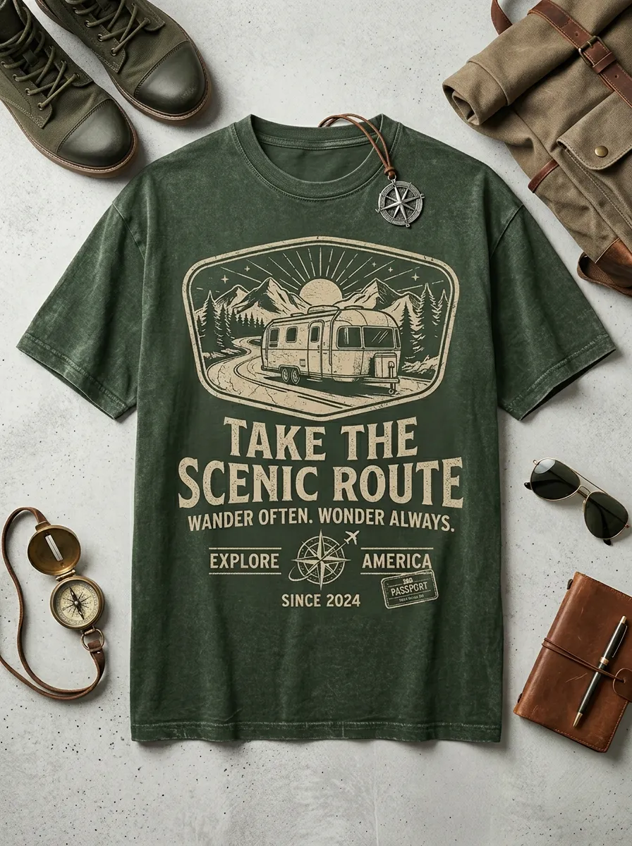 Unisex Camping Lover Scenic Route Camper Van Printed T-shirt