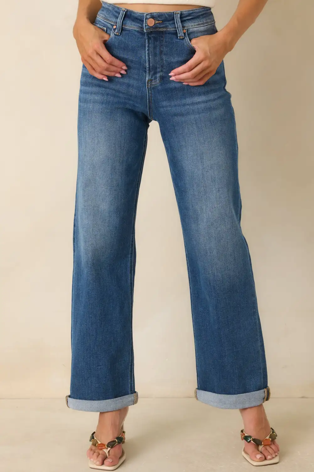 Roll Medium Wash High Rise Cuffed Straight Leg Jeans