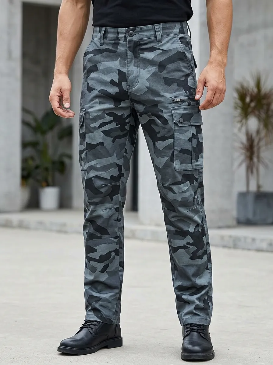 Men's Tactical Grey Camouflage Printed Cargo Pants