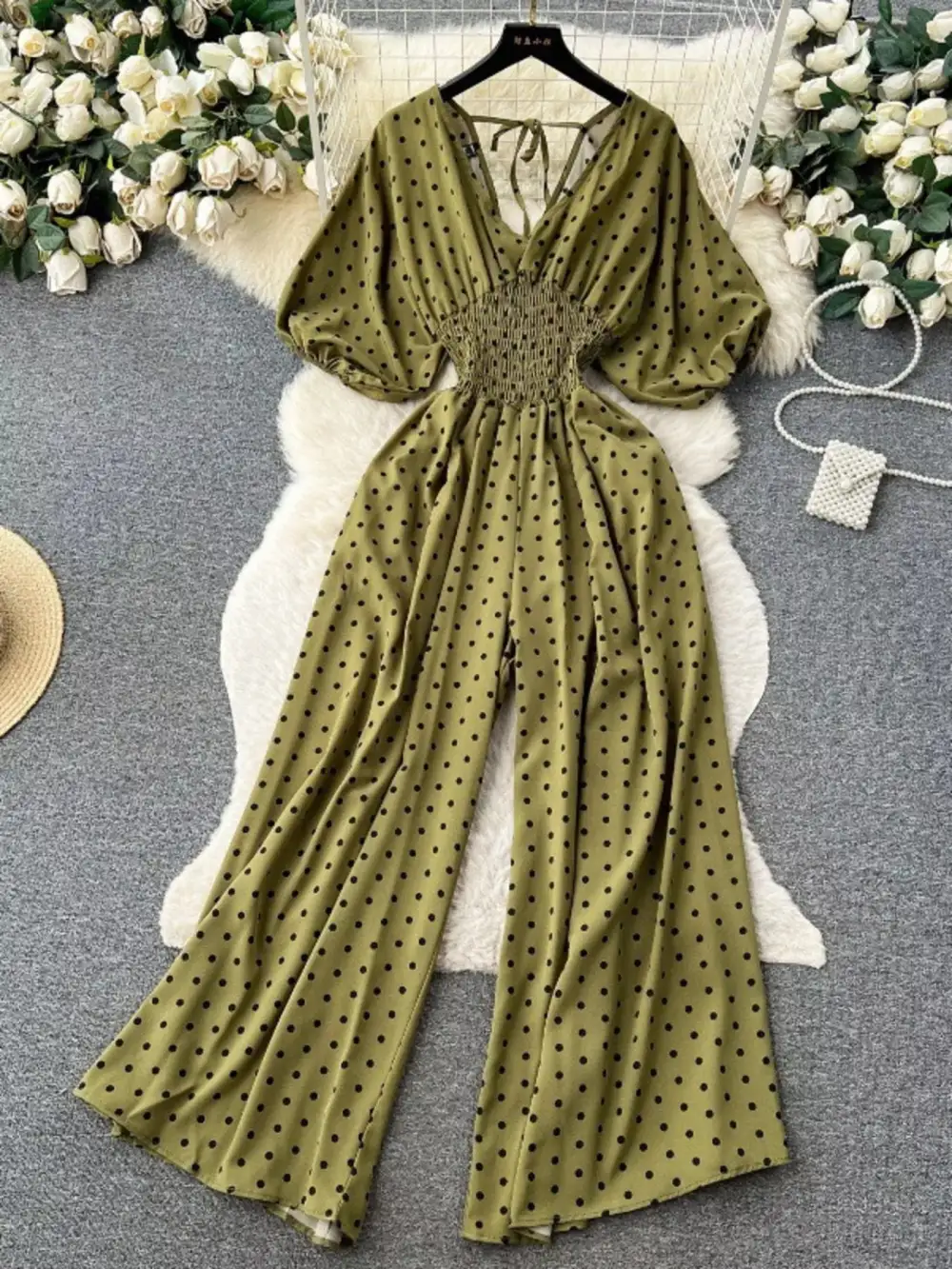 Smocked V Neck Wide Leg Jumpsuit