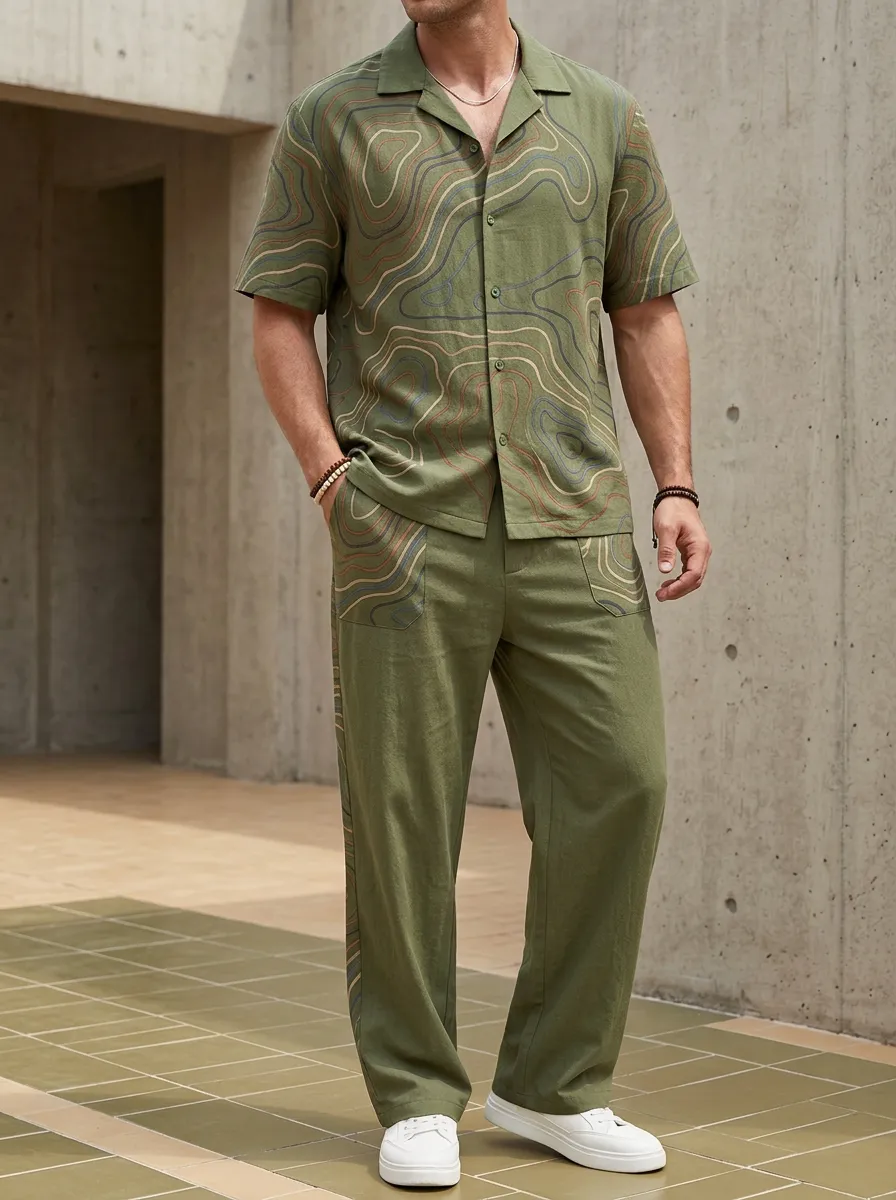 Men's Outdoor Adventure Topographic Map Printed Casual Set