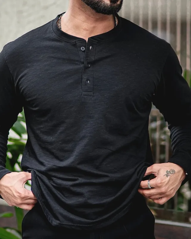 Black Henley Neck Long Sleeve Casual Top