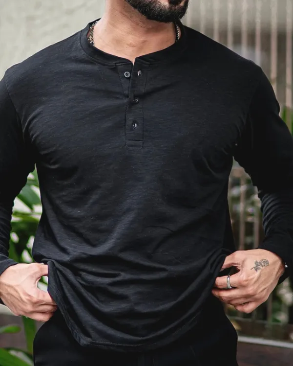 Black Henley Neck Long Sleeve Casual Top