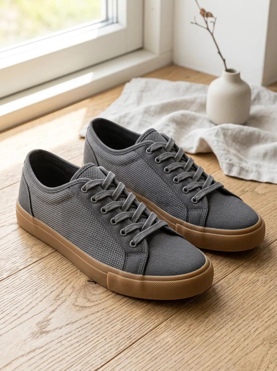 Men's Grey Textured Canvas Gum Sole Printed Sneakers