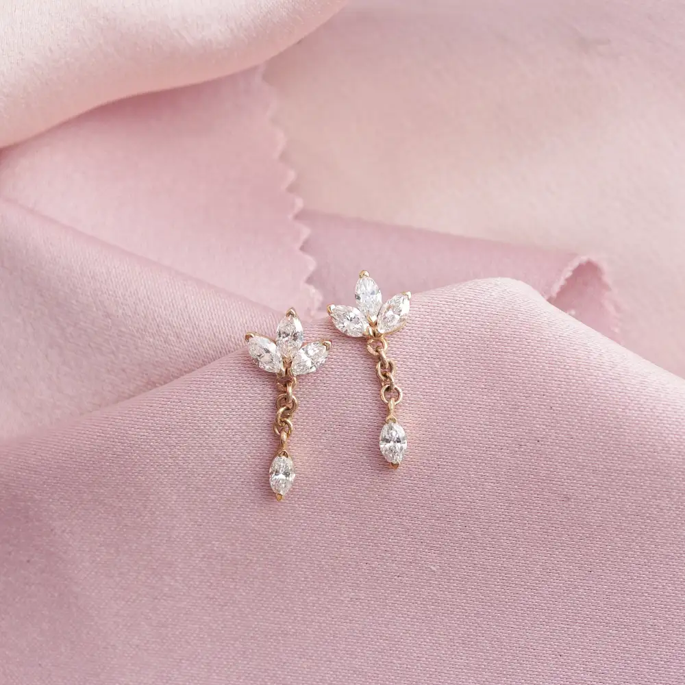 Marquise Flower Dangle Diamond Earrings With Chain