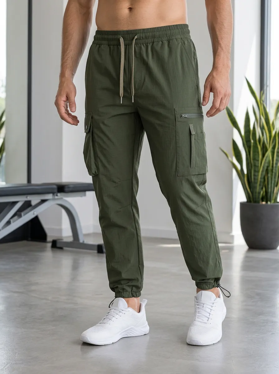 Men's Athletic Fitness Olive Green Cargo Jogger Pants