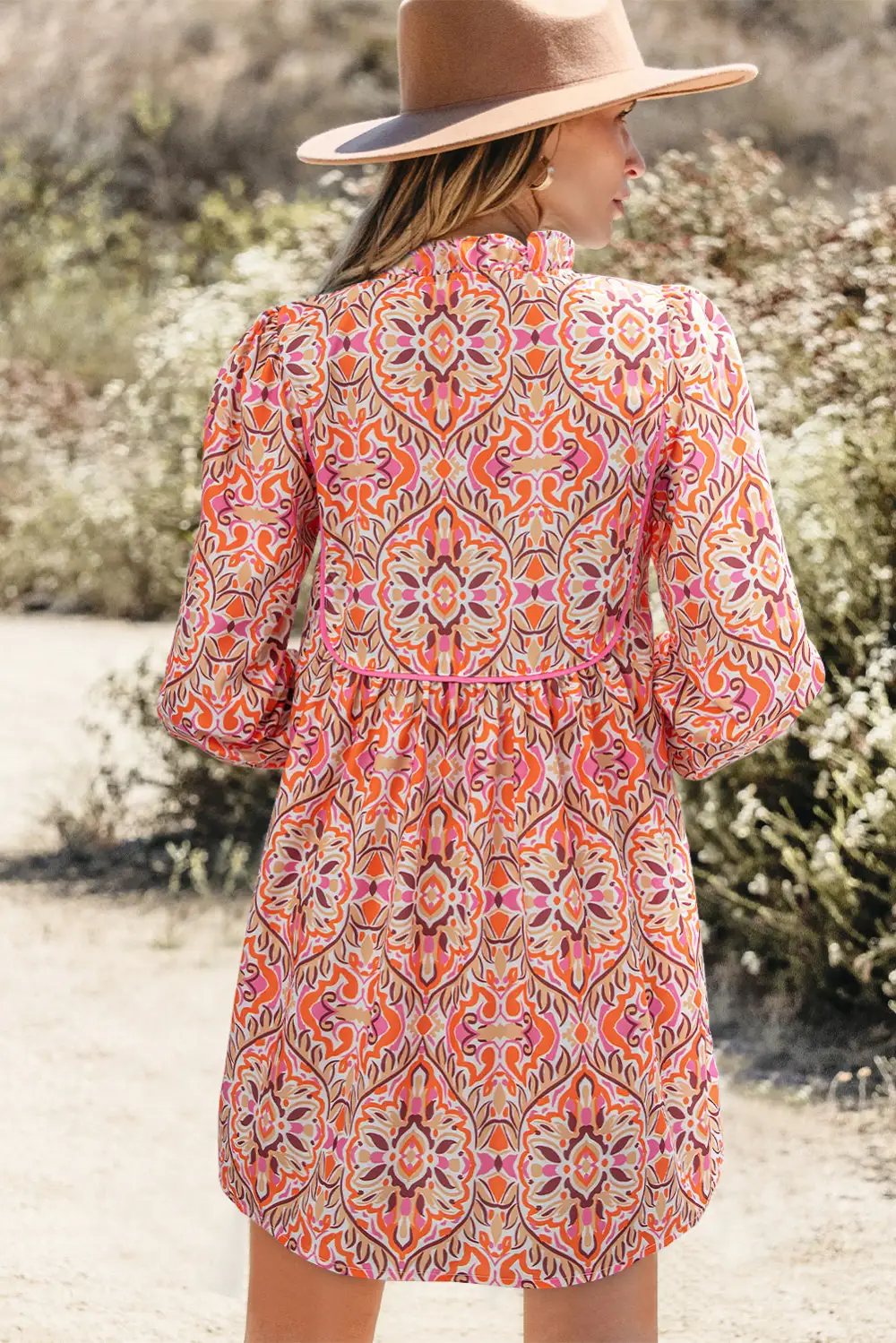Classic Abstract Printed Long Sleeve Tied Neckline Mini Dress