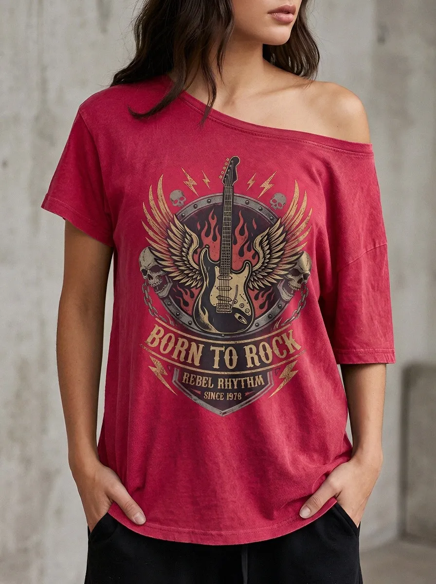 Women's Rock Music Lover Guitar Skull Wings Printed T-shirt