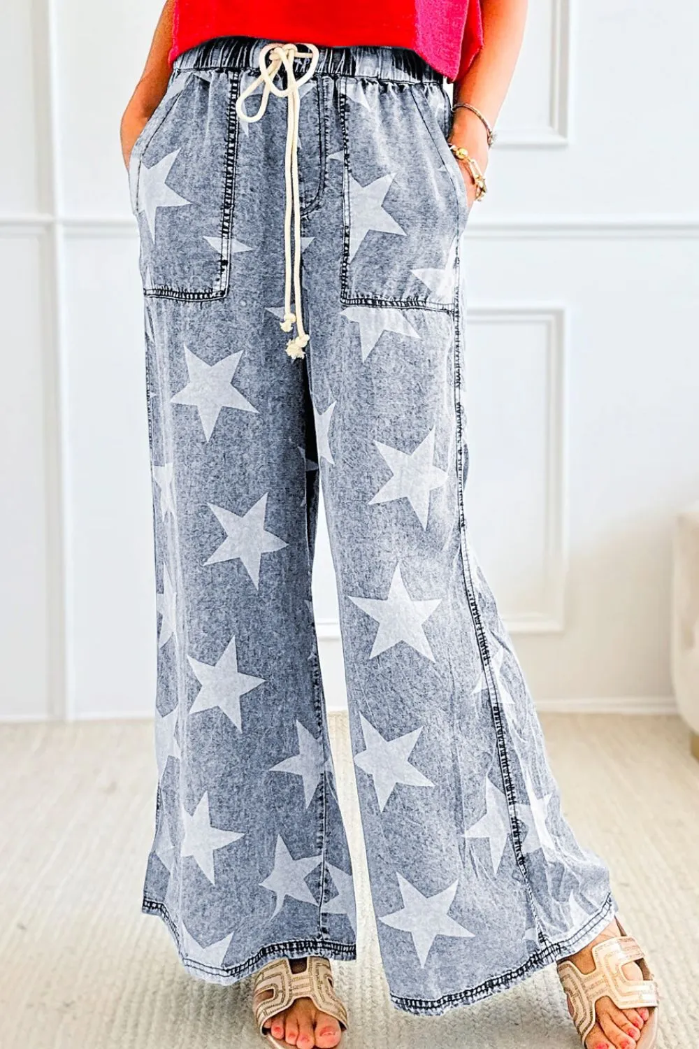 Star Print Washed Drawstring High Waist Pants