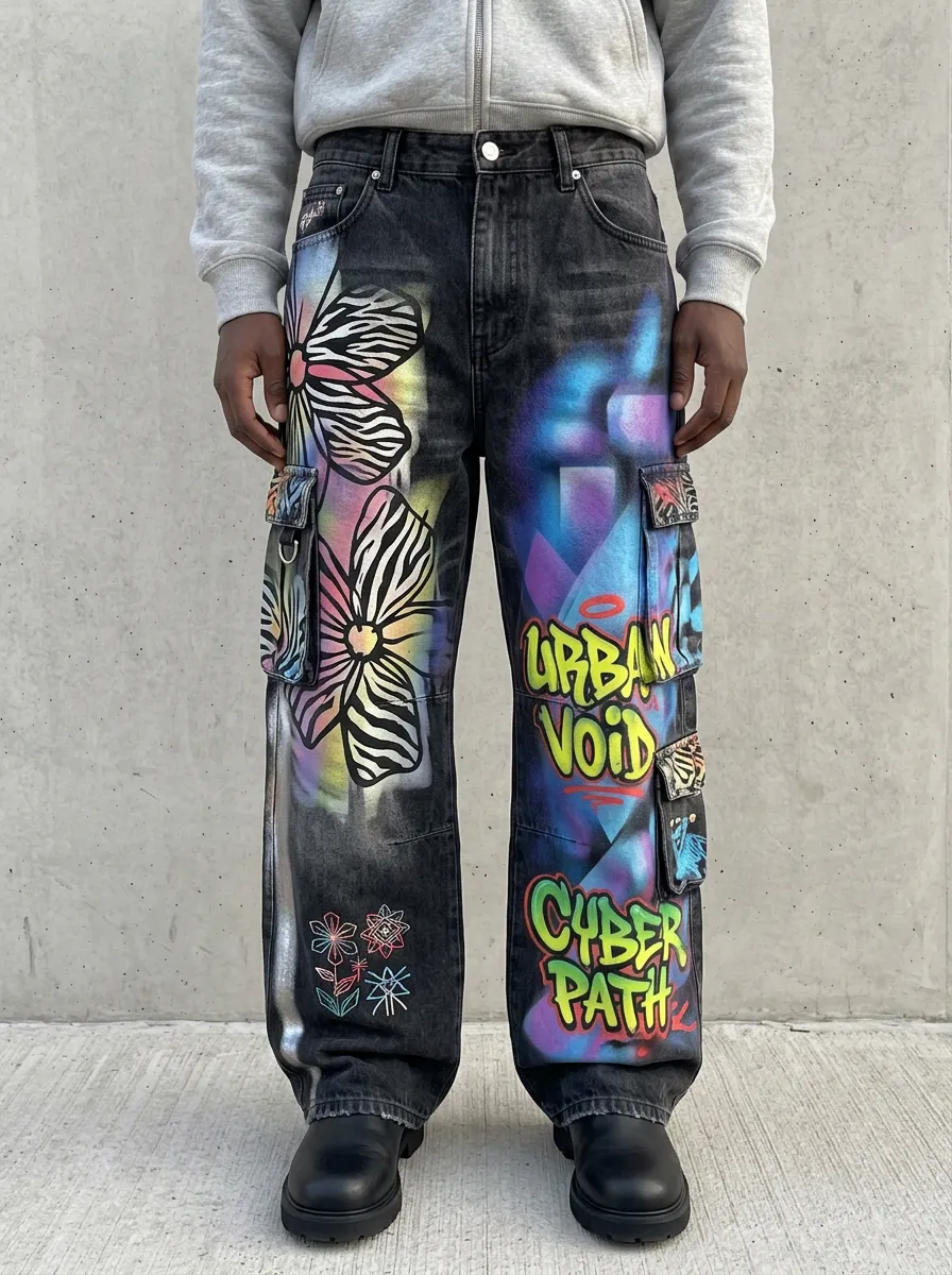Men's Streetwear Urban Void Graffiti Floral Graphic Cargo Jeans