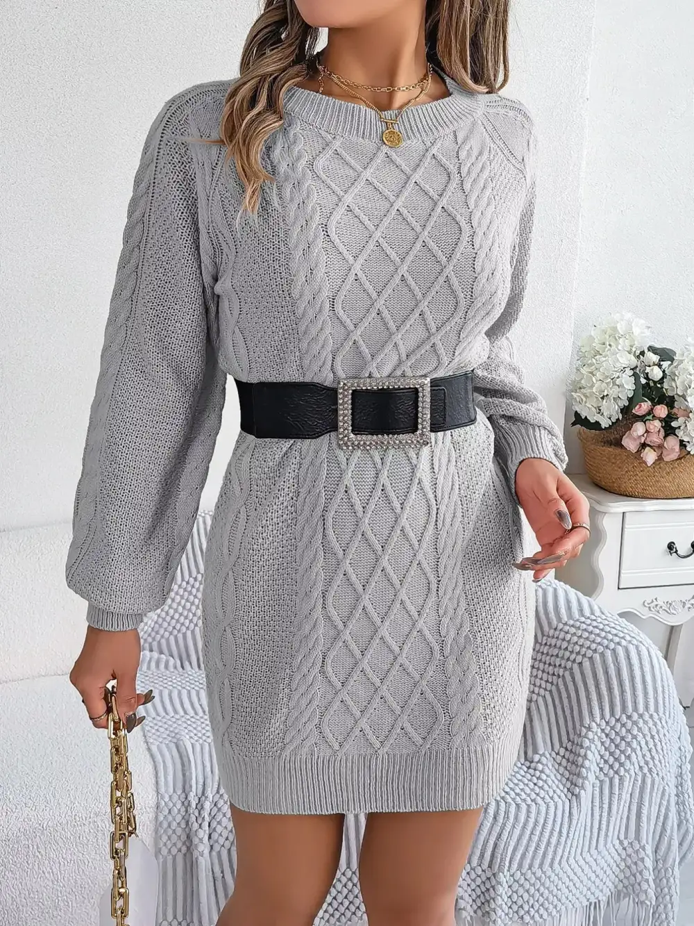 Polished Detail Knit Long Sleeve Sweater Dress
