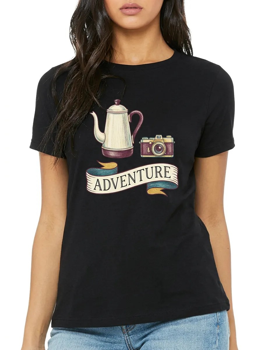Women's Adventure Travel-Inspired Coffee Pot Camera Printed T-Shirt