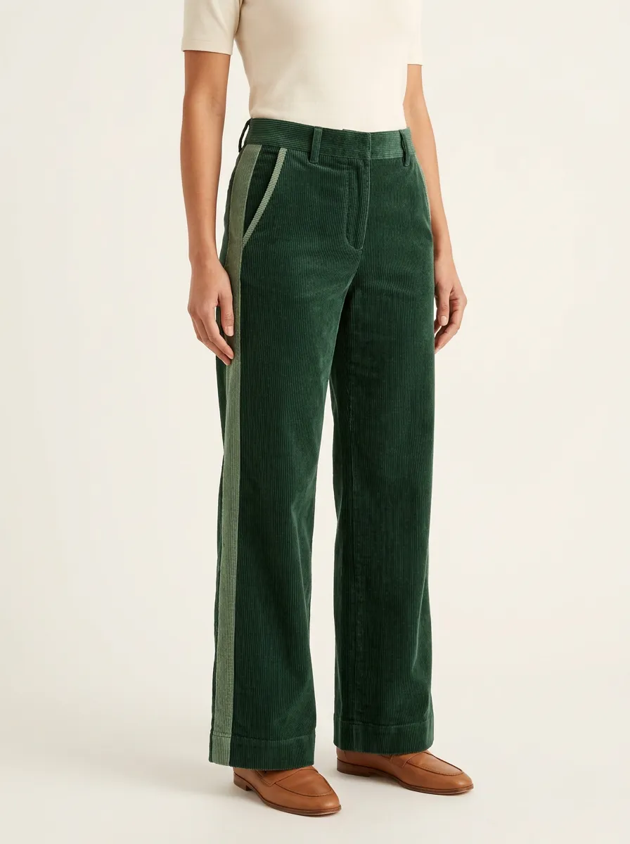 Women's Contrast-Stripe Wide-Hem Straight-Leg Corduroy Pants