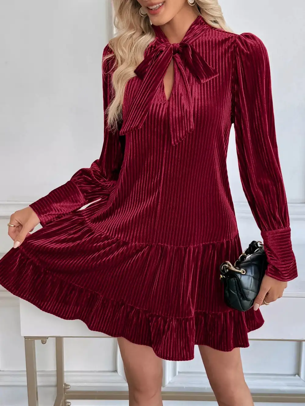 Gathered Detail Velvet Tiered Mini Dress