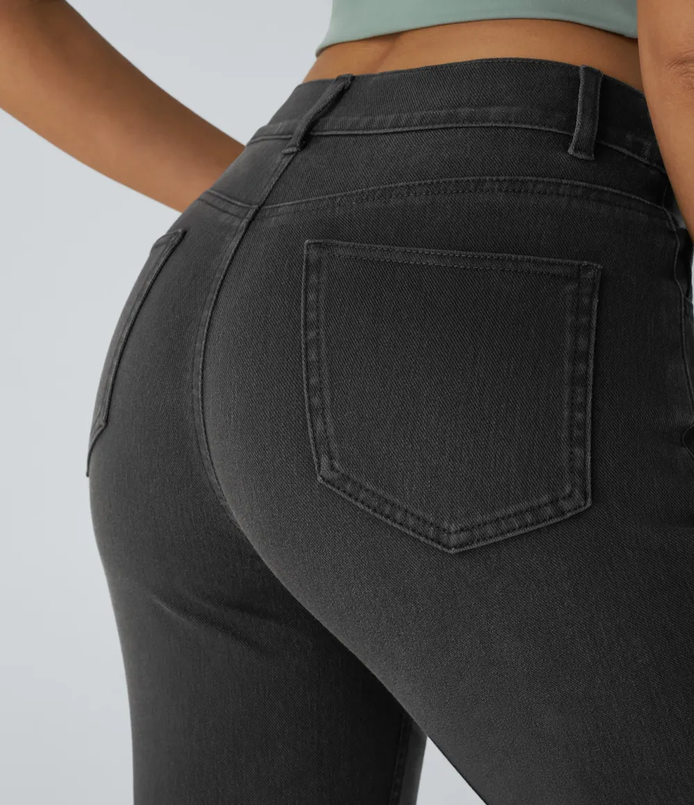 Magic High Waisted Multiple Pockets Straight Leg Washed Stretchy Knit Casual Jeans