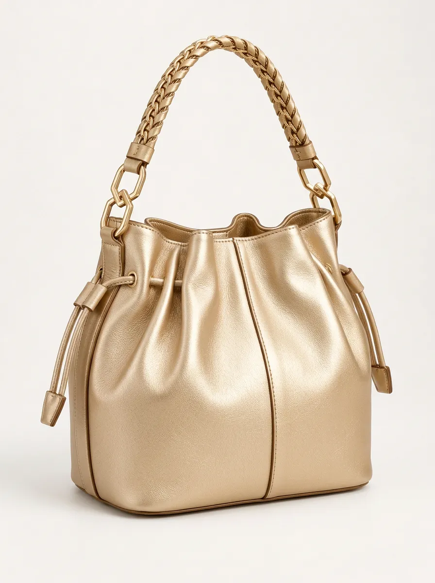 Women's Casual Gold Metallic Bucket Purse with Metallic Gold Finish