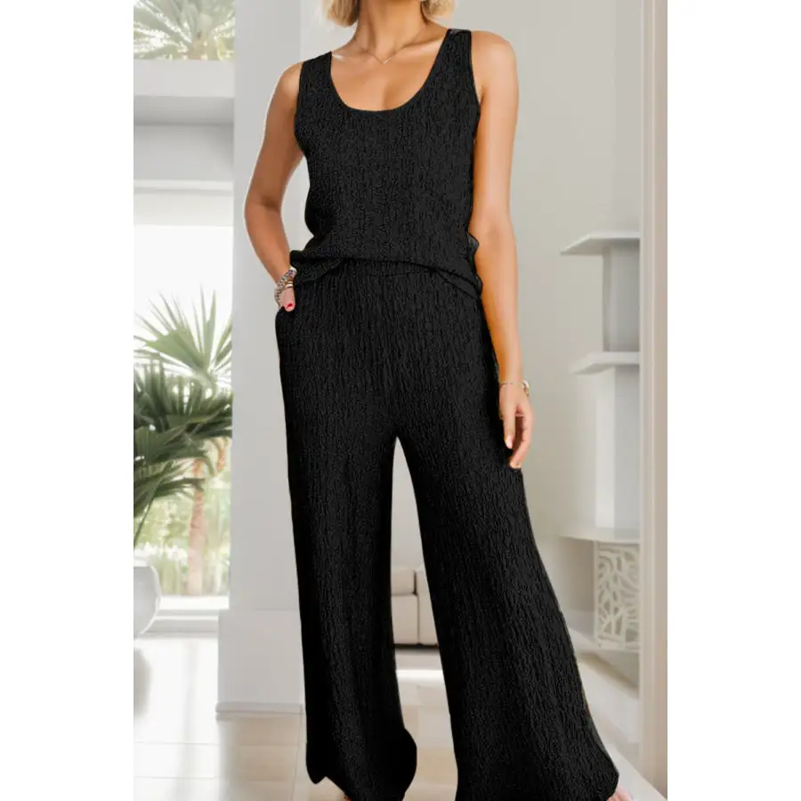 Textured Round Neck Top and Wide Leg Pants Set