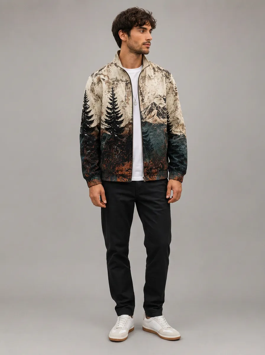 Men's Landscape Print Zip-Up Jacket with All-Over landscape graphic print featuring mountain and pine tree imagery