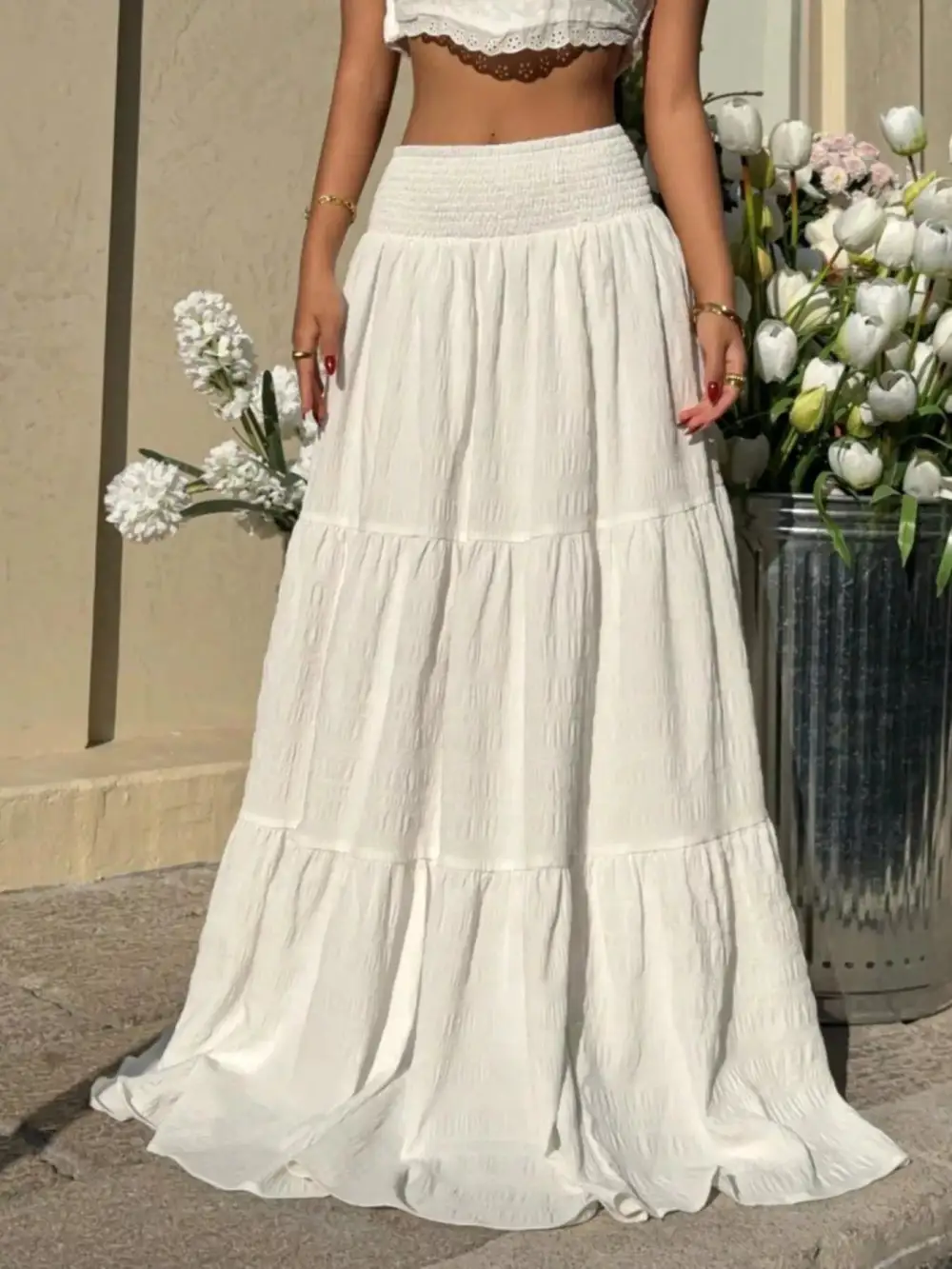 Smocked Tiered Flowy Maxi Skirt