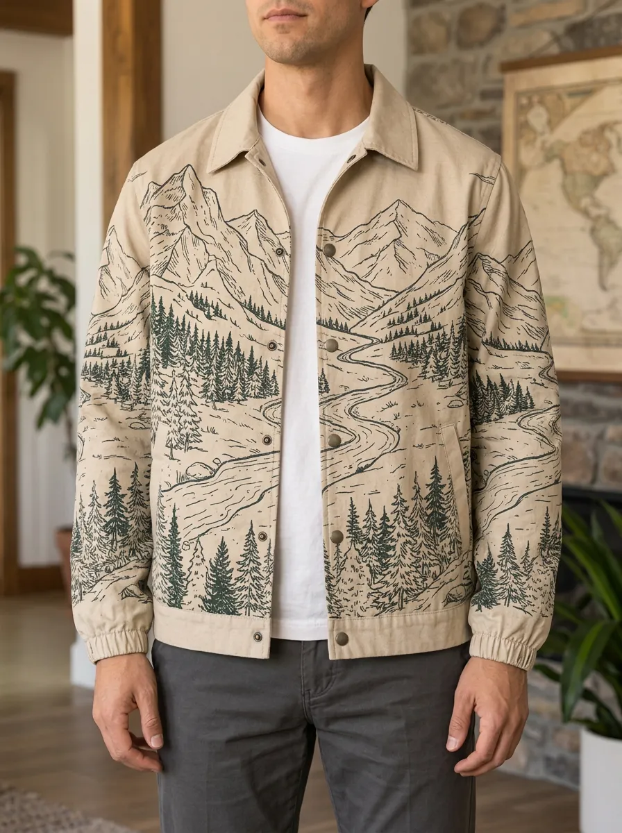 Men's Outdoor Nature Lover Mountain Forest Landscape Printed Jacket