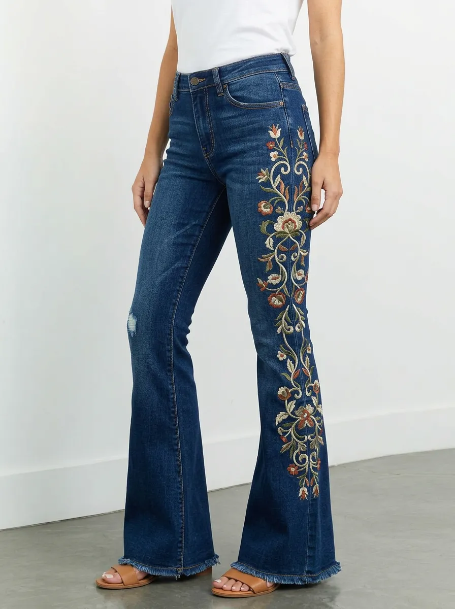 Women's Boho Floral Embroidery High-Rise Embroidered Flare Jeans