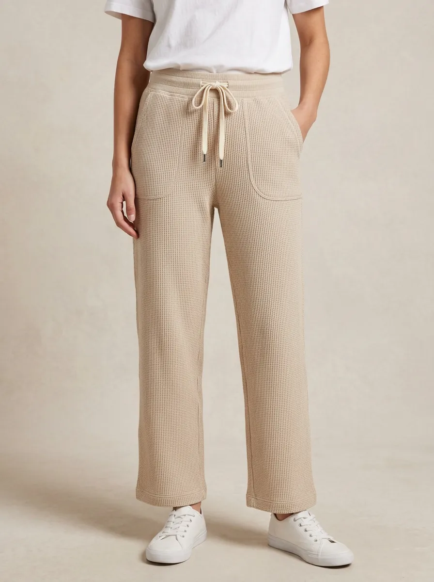 Women's Beige Waffle Knit Drawstring Casual Lounge Pants