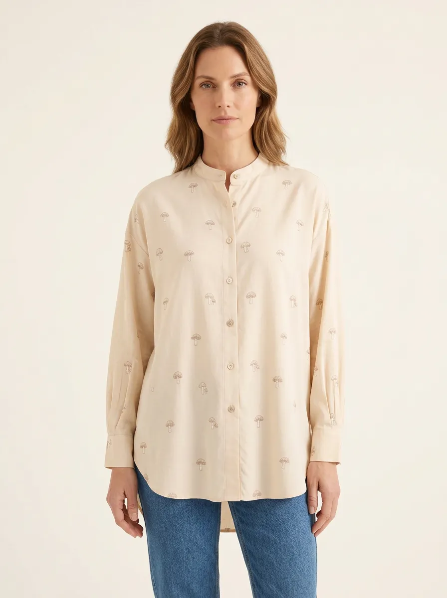 Women's Mushroom-Print High-Low Mandarin Shirt