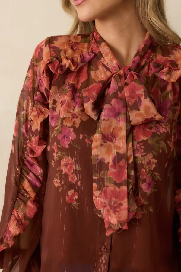 Tie-Neck Long-Sleeve Blouson Bow-Detail Blouse