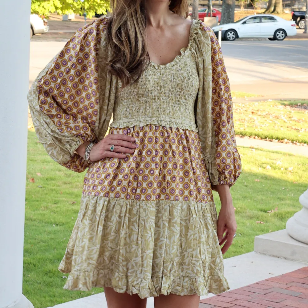 Smocked Tiered Ruffle Detail Balloon Sleeve Dress
