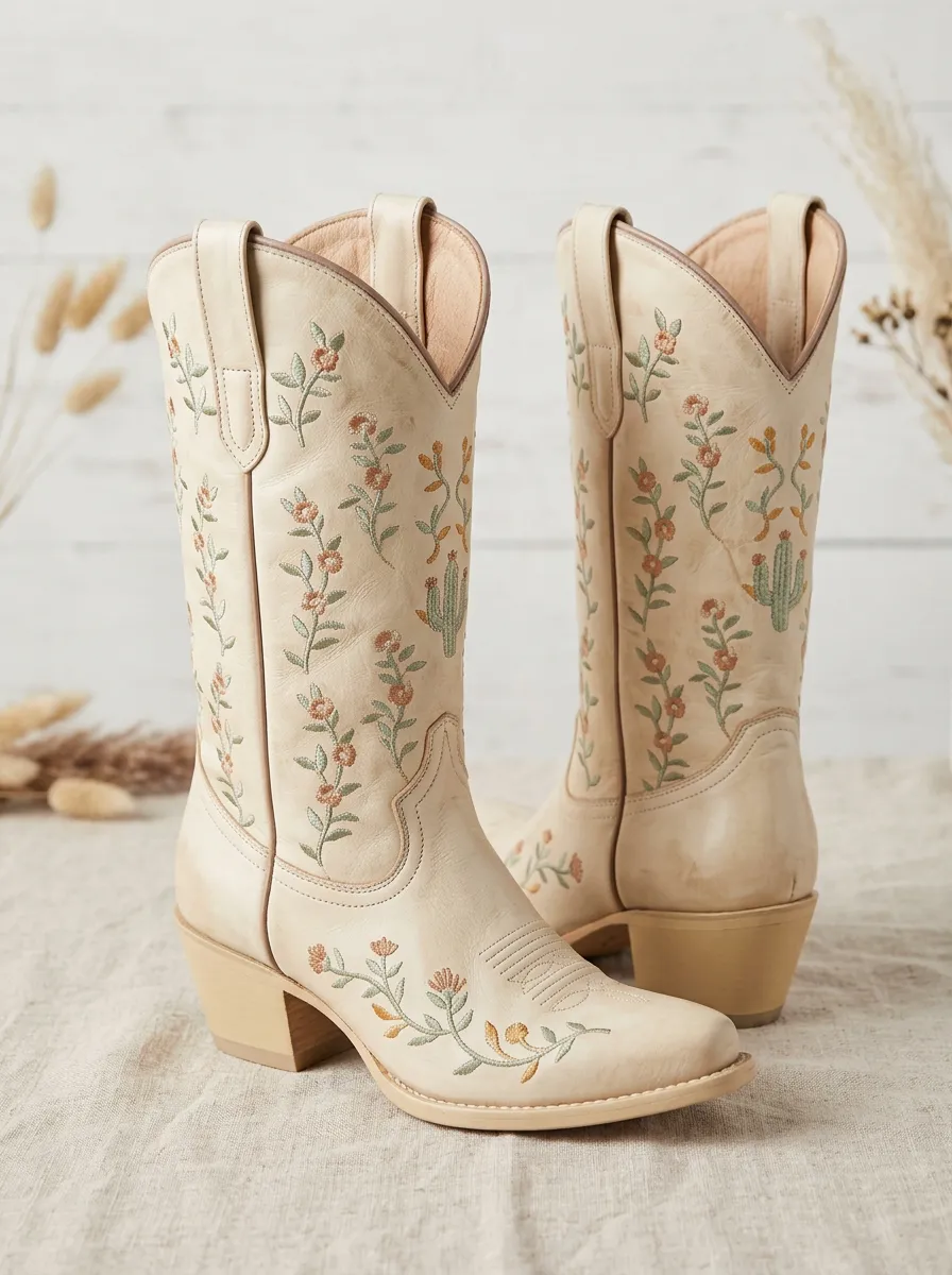 Frontier Cactus Floral Embroidered Heritage Look Unisex Western Cowboy Boots