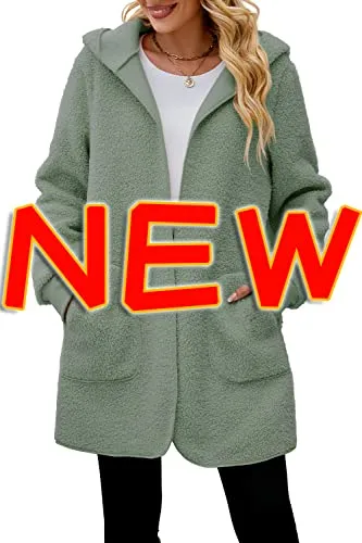 Womens Fuzzy Fleece Open Front Hooded Cardigan Jackets Sherpa Coat with Pockets