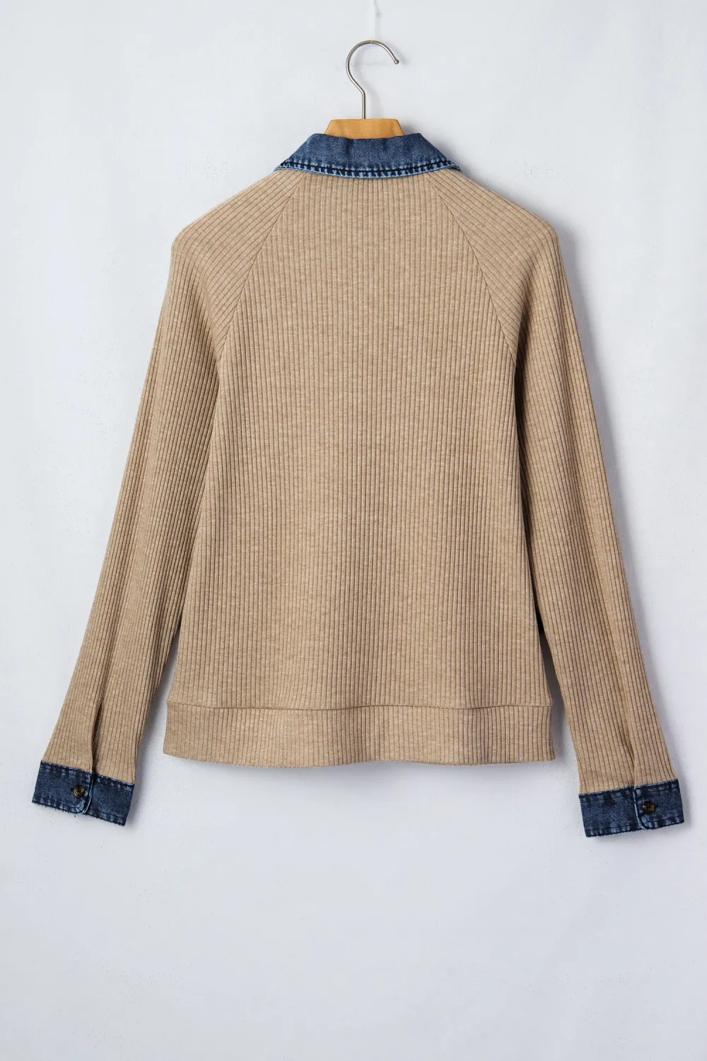 Beige Ribbed Knit Denim Patchwork Top