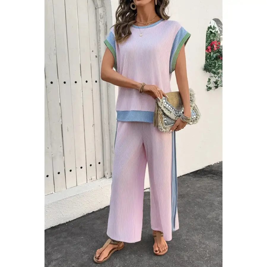Relaxed Contrast Round Neck Top and Pants Set