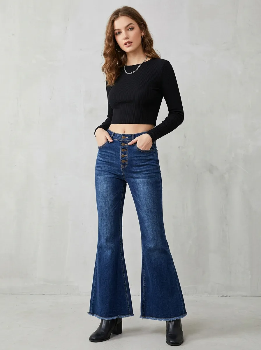 Women's Vintage Style High Waisted Button Fly Raw Hem Flared Jeans