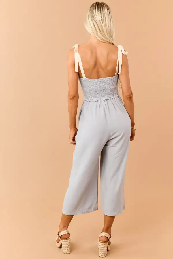 Light Juniper Linen Blend Smocked Jumpsuit