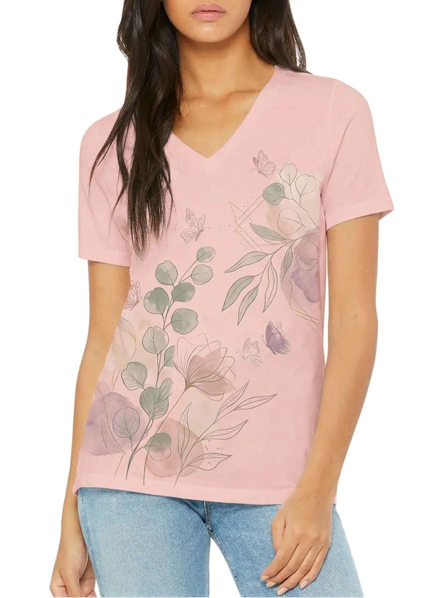 Women's Floral Butterfly Nature Lover Printed V-Neck T-Shirt