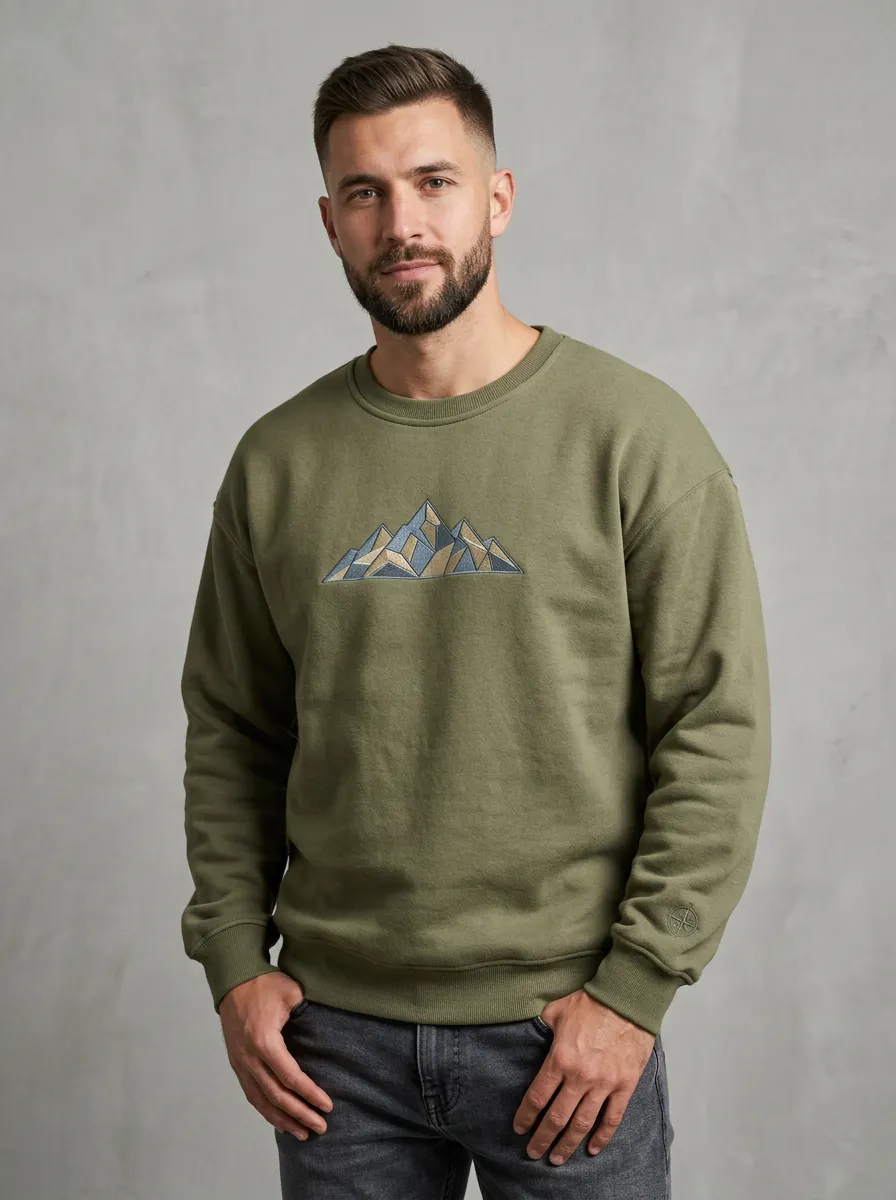 Men's Olive Green Outdoor Geometric Mountain Fleece Sweatshirt