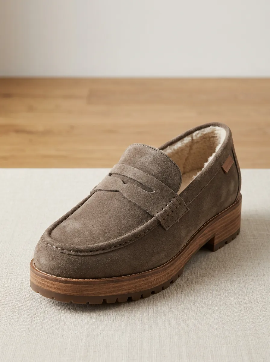 Women's Relaxed Faux Fur Lined Suede Wood Sole Loafers