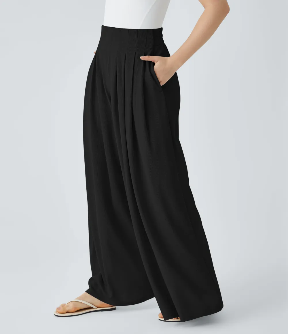 High Waisted Pleated Side Pocket Flowy Wide Leg Palazzo Waffle Casual Pants