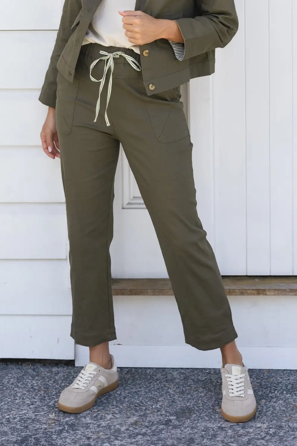Linen Blend High Rise Drawstring Pants