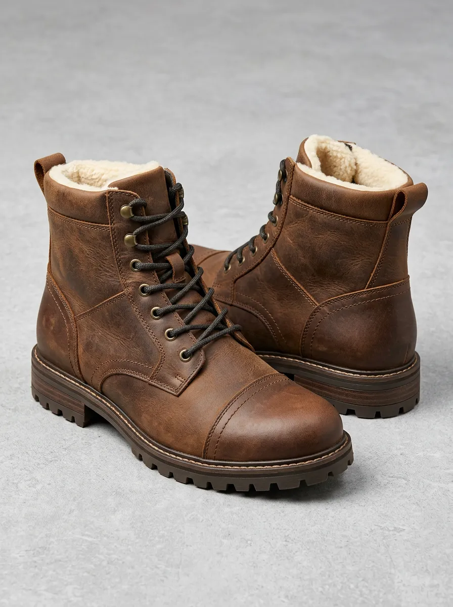 Men's Brown Lace Up Combat Boots with Leather and Casual